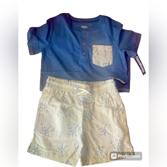 OshKosh B'gosh Other - Osh Kosh Palm Tree Print Chambray Drawstring Shorts and Henley Pocket Tee.